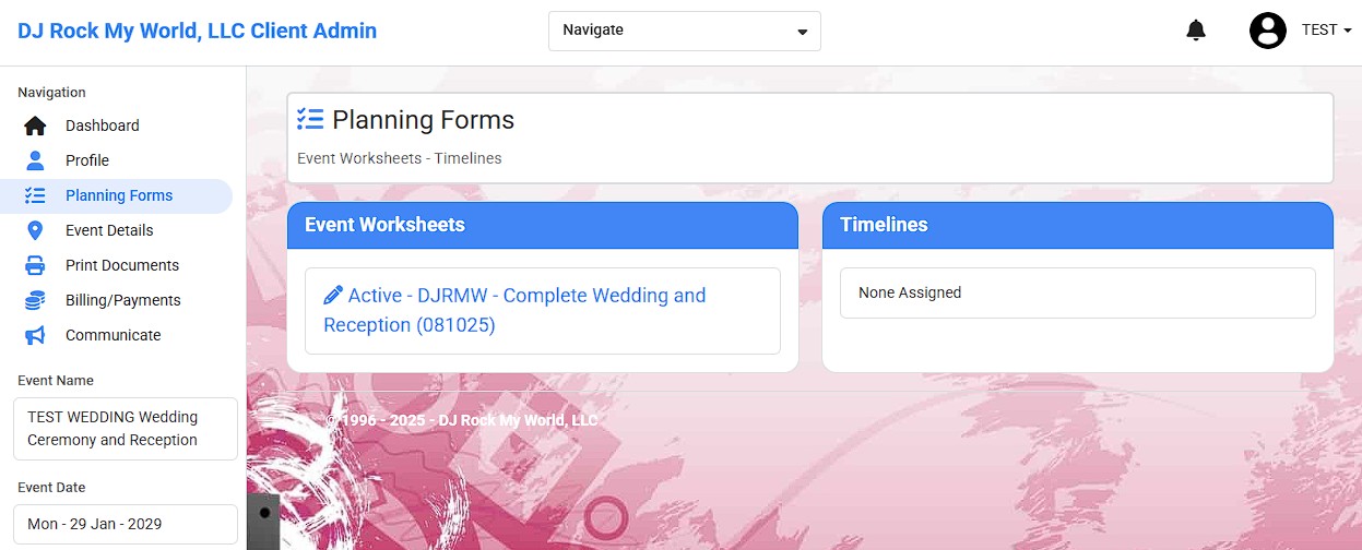 Online Music Planner screen showing planning details