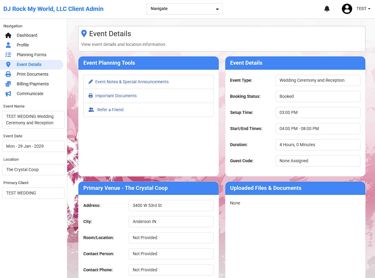 Online Music Planner screen showing music selections