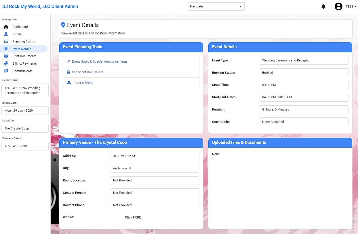 Online Music Planner screen showing event planning details