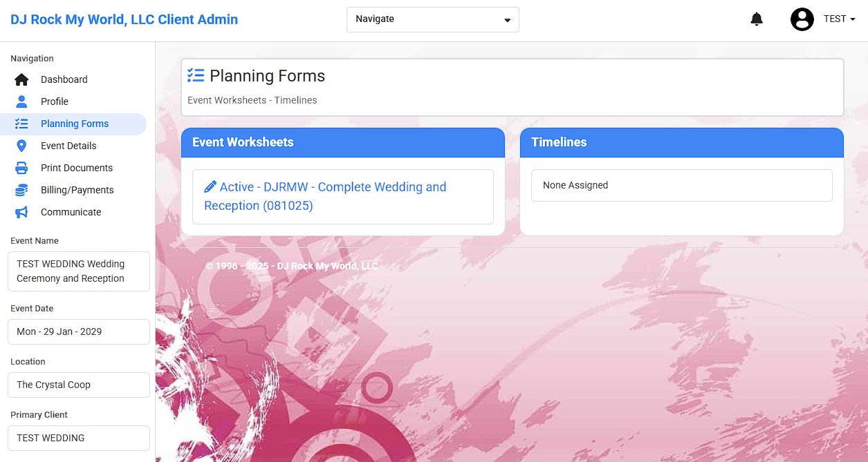 Online Music Planner screen showing timeline planning
